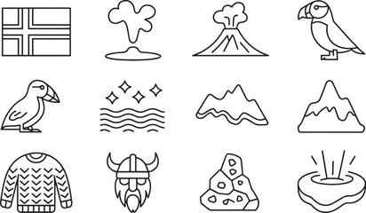 Icelandic Icon Set Flag Geyser Volcano Puffin Northern Lights Mountain Sweater Viking Helmet
