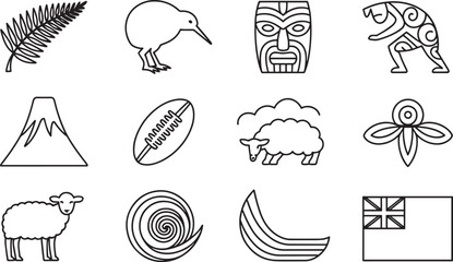 Iconic New Zealand Symbols Fern Frond Kiwi Bird Maori Mask Haka Rugby Ball Sheep Flag Vector