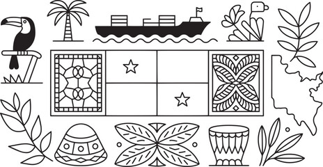 Panamanian Culture Icons Line Art Vector Illustration Set Representing National Heritage