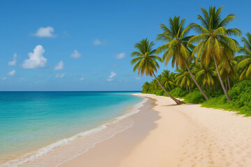 Fototapeta premium Tropical Beach Paradise: A serene tropical beach scene unfolds, where powdery sands meet crystal-clear turquoise waters under a vast azure sky. Palm trees line the shore.