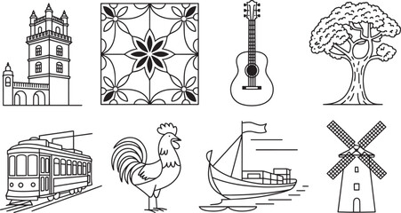 Portugal's Iconic Symbols A Line Art Collection of Landmarks, Culture, and Traditions Vector © fay009