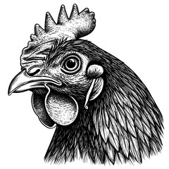 Detailed black and white hen's head