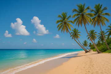 Obraz premium Tropical Paradise Scene: A vibrant coastal view, palm trees sway in a gentle breeze, embracing a pristine sandy beach with inviting turquoise waters and a radiant blue sky.
