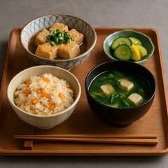 木製膳に並ぶ和食の定食セット｜人参入りごはん・豆腐の味噌汁・薬味豆腐・漬物の彩り豊かな和風メニューと箸が揃う、日本の伝統的な食卓イメージ
