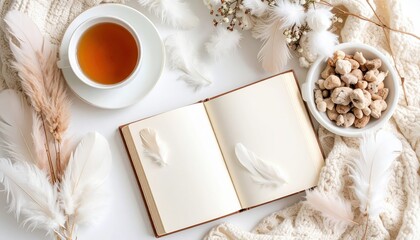 Cozy flatlay with open book, tea, feathers, and knitted blanket on white surface
