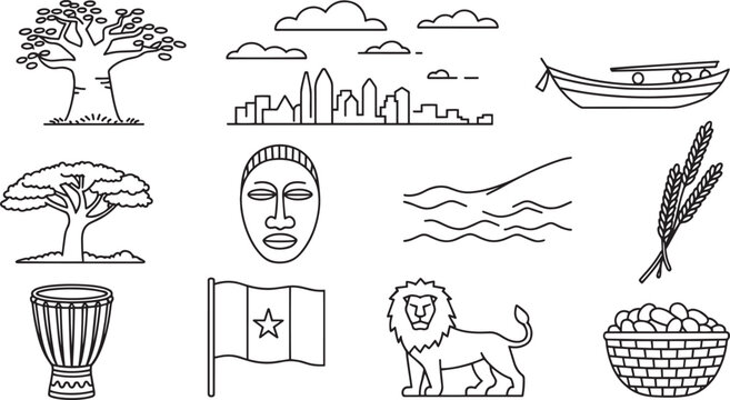 Senegal Culture Icons Set Outlined Tree, Skyline, Boat, Mask, River, Wheat, Drum, Flag, Lion