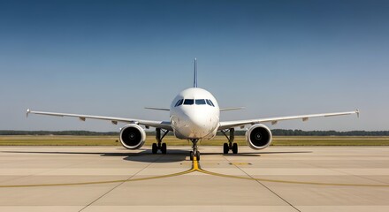 Obraz premium Front view of a white passenger jet airplane on a tarmac.