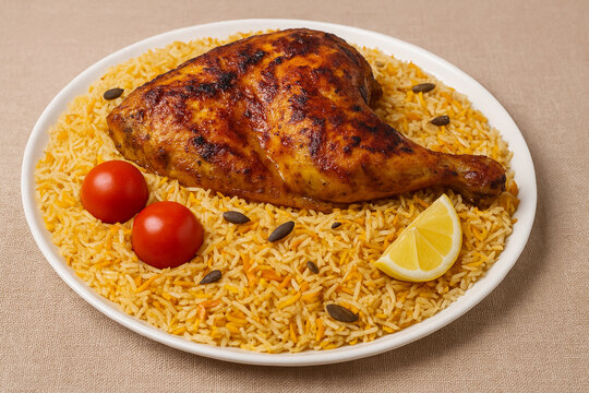 delicious chicken mandi tandoor dish. mandi is a yemeni dish which consists of meat and rice in a unique mix of spices and cooked in an underground oven. stock photo