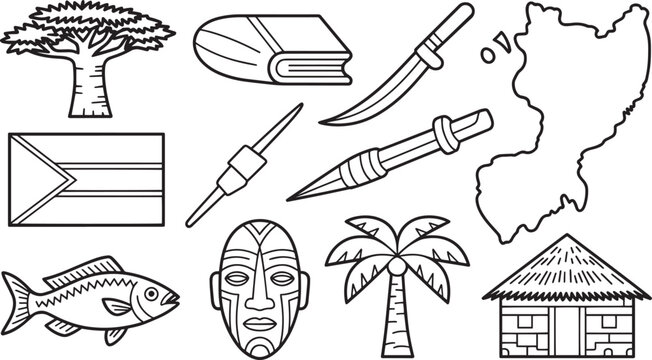 Zimbabwean Culture Icons Line Art Vector Illustration Set Representing National Heritage