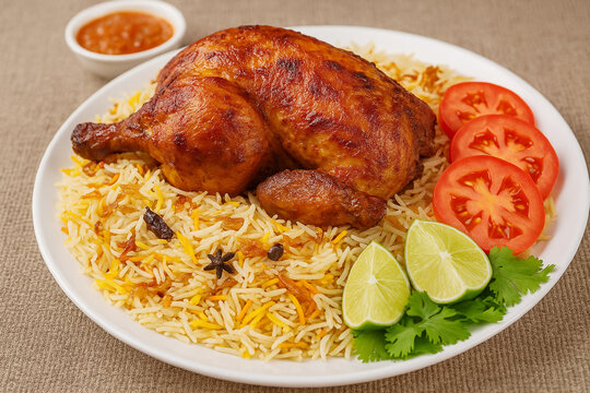 delicious chicken mandi tandoor dish. mandi is a yemeni dish which consists of meat and rice in a unique mix of spices and cooked in an underground oven. stock photo