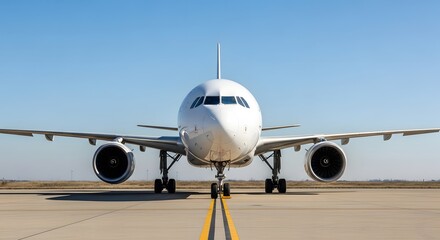 Naklejka premium Front View of a Pristine White Passenger Airplane on a Runway.
