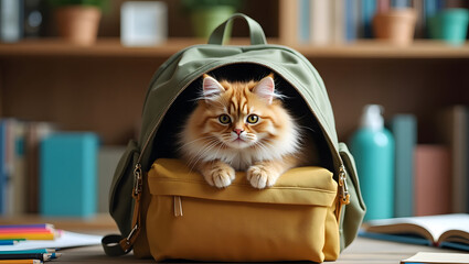  A cute ginger cat peeks out of a backpack on a desk with school supplies. Back to school concept.
