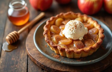 Caramelized apple pie with cinnamon, vanilla ice cream on rustic table. Drizzled with honey, warm lighting baked pastry. Perfect dessert for celebrations holidays, offering taste of homemade