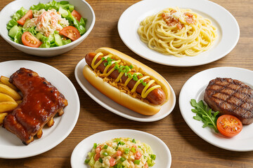 Served table with various dishes of the restaurant. Hot dog, barbecue pork ribs, steak, Carbonara paste and crab salad. Top view stock photo 
