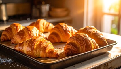 Golden croissants arranged on a vintage baking tray creating a cozy morning atmosphere in warm sunlight