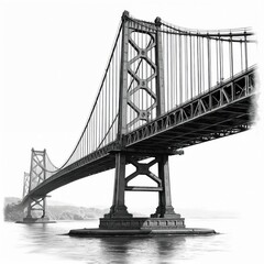 Obraz premium Monochrome architectural drawing of suspension bridge. Detailed illustration focuses on structure, urban engineering design. Shows towers, cables, roadway over water. Concept for city development,