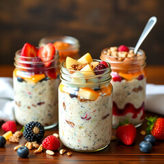 Colorful jars of overnight oats with fruits and nuts