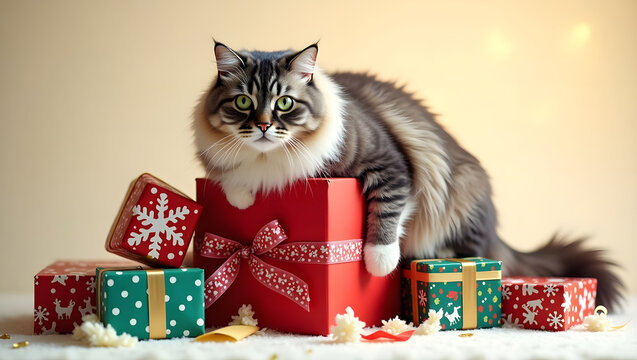 A long-haired tabby cat rests on a stack of brightly wrapped Christmas presents. Holiday pet scene.