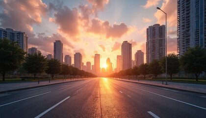 Fototapeta premium Urban cityscape at sunrise with modern skyscrapers lining an empty asphalt road. Sunbeams reflect off wet pavement. Lush trees border the street. Dramatic clouds fill the sky.