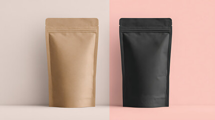 Two Stand Up Pouches Kraft Paper Bag and Black Matte Pouch Mockup on Neutral Backgrounds black pouch