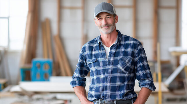 A smiling carpenter stands confidently in his workshop, radiating the charm of skilled craftsmanship. The warmth of the setting highlights a professional artisan in action