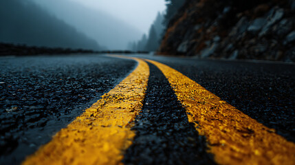 Wet Asphalt Road with Double Yellow Lines Winding Through Misty Mountain Landscape Dark Grey and Teal Mountain Background