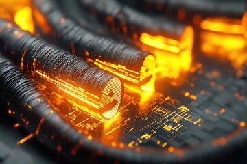 electricity transmission safety Concept. Futuristic glowing circuits with orange accents on a dark background.