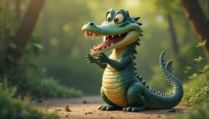 Cute cartoon alligator mascot character presenting wildlife awareness concept. Friendly reptile poses happily in natural habitat, green scales, sharp teeth. Ideal for educational content promoting