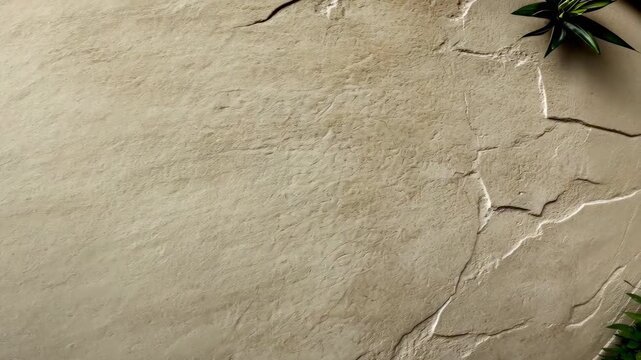 textured beige plaster wall with green plant accent