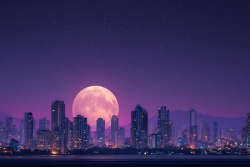 Full moon glowing pink purple night sky city view  

