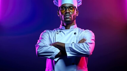 confident chef portrait with vibrant lighting and stylish glasses