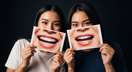 two asian women holding photos of wide grinning mouths against their faces, playful and humorous effect. concept of happiness. creative advertising, greeting card. stomatology, dental care