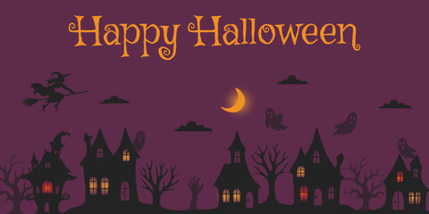 Halloween illustration with spooky houses, flying witch, ghosts, and glowing moon. Happy Halloween text on purple night sky background. Vector art