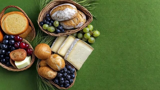 fresh bread, cheese, and grapes on green backdrop