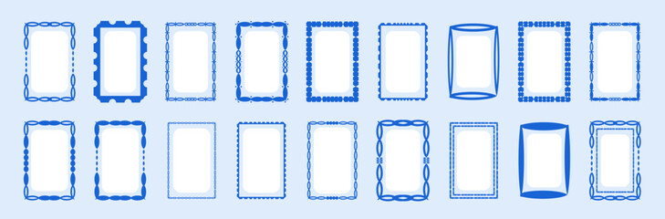 Rectangular shapes with curvy and jagged borders. Simple blue frame illustration set stock illustration. Rectangle wavy scallop frame in doodle trendy style.