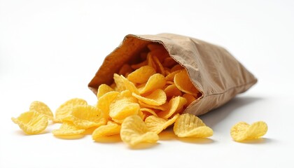 Bag of golden potato chips spilling onto white background. Salty, crunchy, fried snack food isolated in studio shot with soft shadow. Closeup of delicious crisp potato crisps.