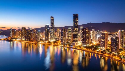 Fototapeta premium City lights reflected on calm water at dawn