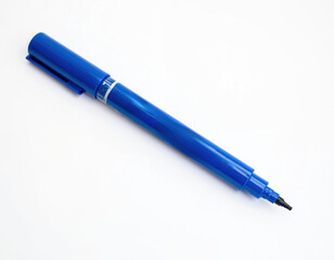 Blue marker pen with fine tip rests on white background. This writing instrument, ideal for drawing or schoolwork, features vibrant ink and a clean, minimalist design.