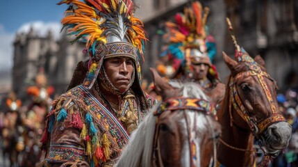 Fototapeta premium Vibrant Andean Festivity: A Close-Up of a Horse Rider in Traditional Attire