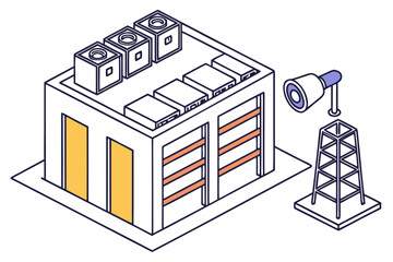 BatteryStorage facility with thermal cameras monitoring racks and emergency ventilation protocols posted, modern flat illustration style