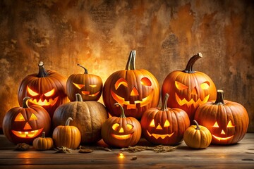A collection of carved and glowing jackolantern pumpkins displayed on a rustic wooden surface