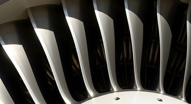Abstract closeup of sunlit metallic jet engine turbine blades with curved forms and deep shadows.