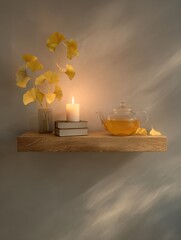 Cozy minimalist wooden shelf with candlelight and autumn decor