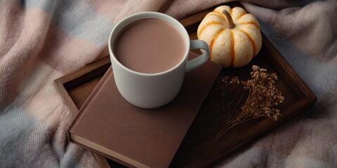 Fototapeta na wymiar Cozy autumn arrangement with hot chocolate mug, book, and pumpkin on plaid blanket