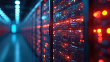 High-tech data center interior with rows of server racks glowing with red, blue lights. Digital infrastructure features fiber optic network creating vibrant, illuminated atmosphere ideal for