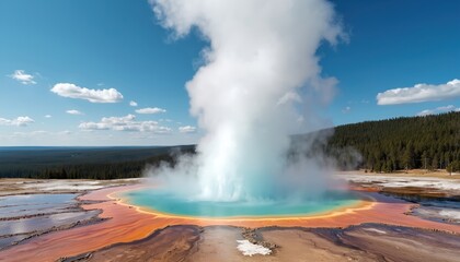 Vibrant geothermal pool erupts with powerful steam plume under blue sky. Yellowstone National Park natural wonder colorful mineral terraces. Stunning display of geological activity, hot spring beauty.