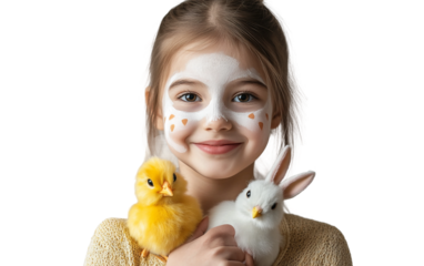 Girl with bunny face paint holding a plush toy in a playful and festive celebration setting isolated on transparent background PNG