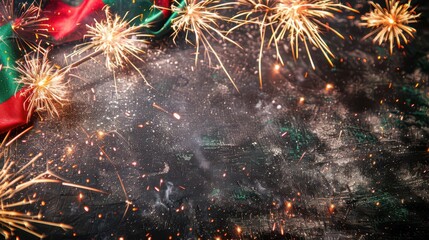 Bulgaria independence day celebration with festive fireworks and bulgarian flag. Horizontal banner. Copy space. Flag of Bulgaria and sparlkers