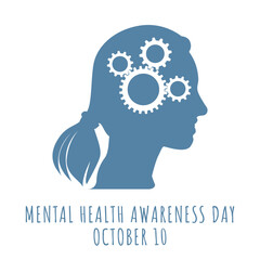Female Cognitive Function Icon – Vector Head with Gear Mechanisms – Mental Health Awareness Day October 10
