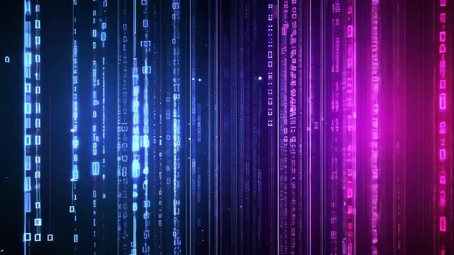 Digital abstract matrix with vibrant colors and binary code patterns